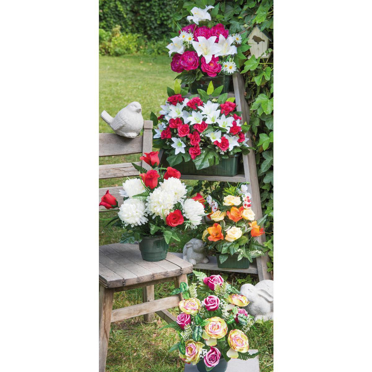 Jardinière de pivoines, lys et ficus - Polyester - H 53 cm - Violet, blanc ou orange