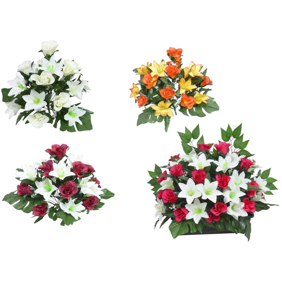 Jardinière de boutons de rose, lys, ficus - Polyester - H 53 cm - Blanc, rouge ou jaune, orange