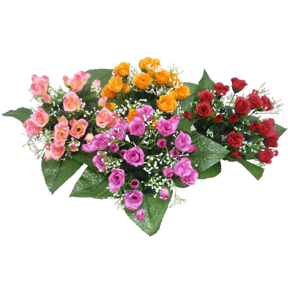 Bouquet de roses et rosettes - Polyester - H 32 cm - Rouge, orange, rose ou violet