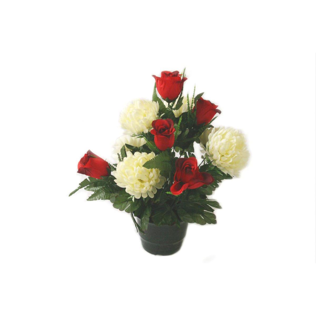 Potée de 12 roses et de chrysanthèmes - Polyester - H 45 cm - Blanc et rouge
