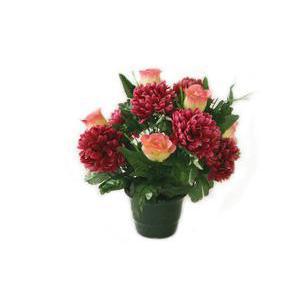 Potée de 12 roses et chrysanthèmes - Polyester - H 45 cm - Rose fuchsia