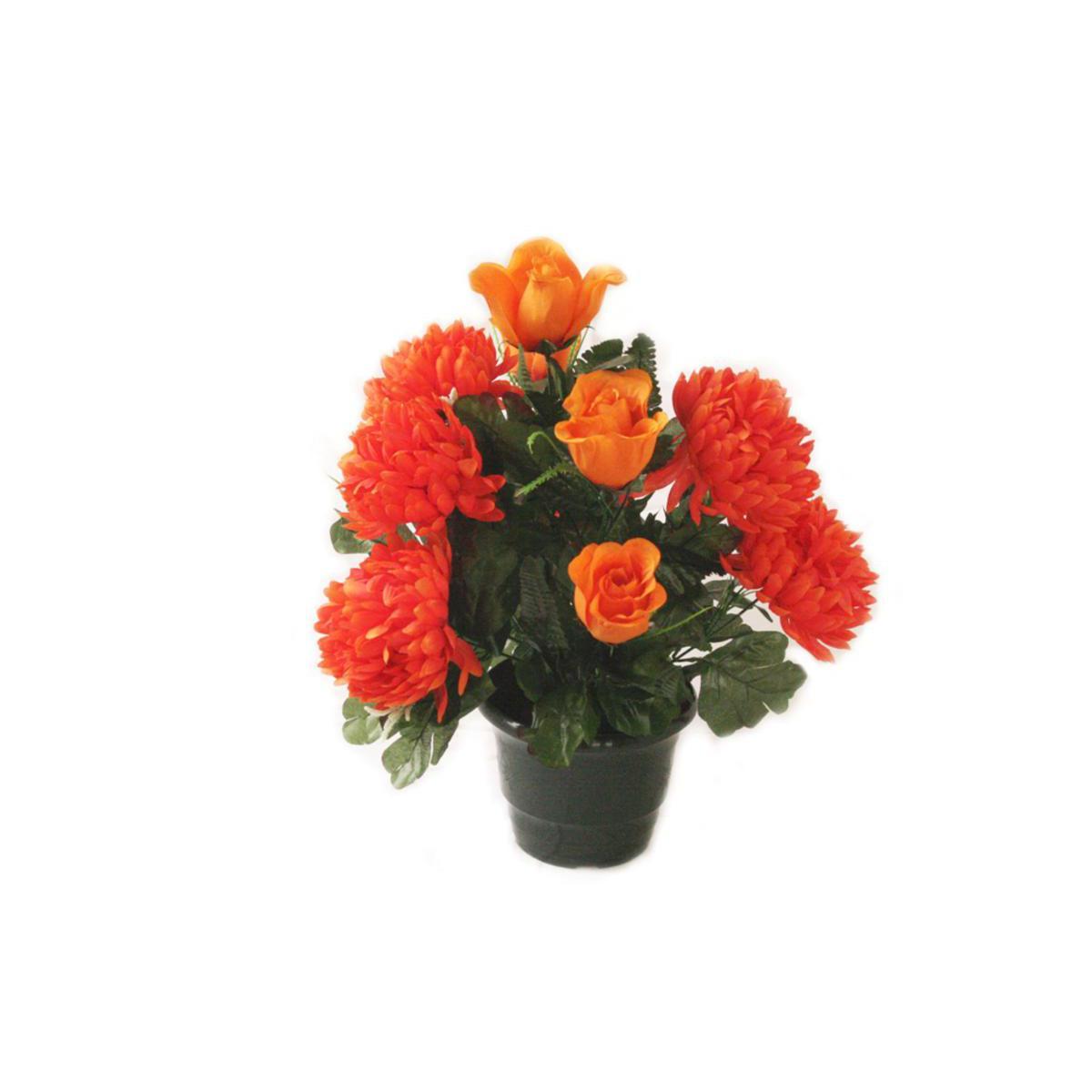 Potée de 12 roses et chrysanthèmes - Polyester - H 45 cm - Orange