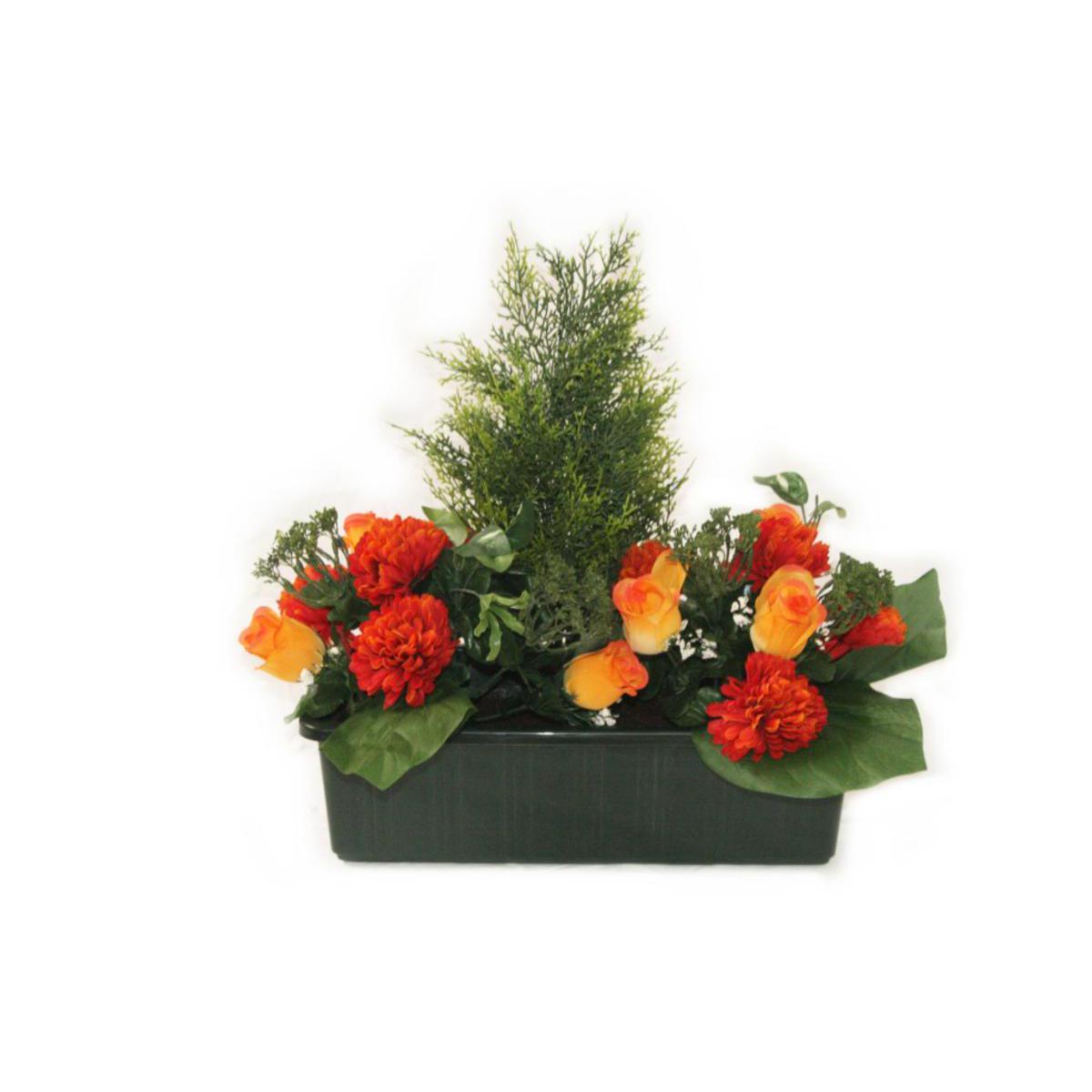Jardinière de roses, chrysanthèmes et cyprès - Polyester - H 40 cm - Orange et rouge
