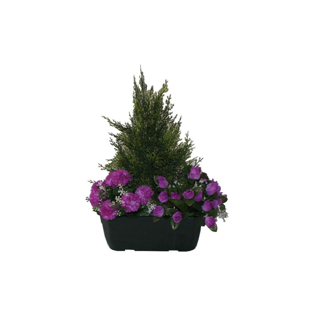 Jardinière de roses, œillets et cyprès - Polyester - H 35 cm - Violet