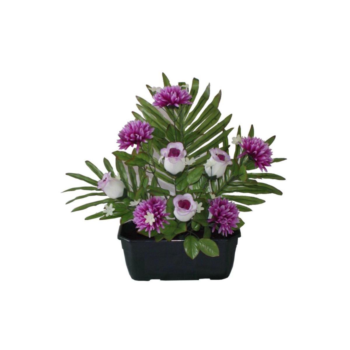 Jardinière de gerbes de roses, chrysanthèmes et palmier - Polyester - H 40 cm - Violet