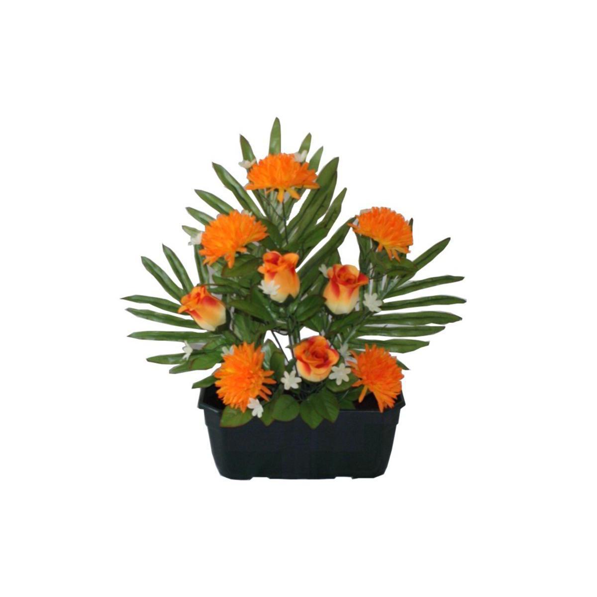 Jardinière de gerbes de roses et chrysanthèmes et palmier - Polyester - H 40 cm - Orange