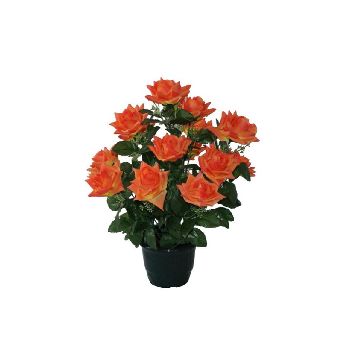 Potée de 14 roses ouvertes - Polyester - Taille standard - Orange