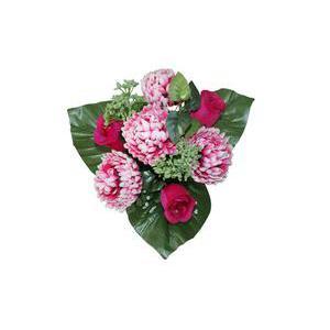 Piquet de 10 roses et chrysanthèmes - Polyester - H 30 cm - Rose fuchsia
