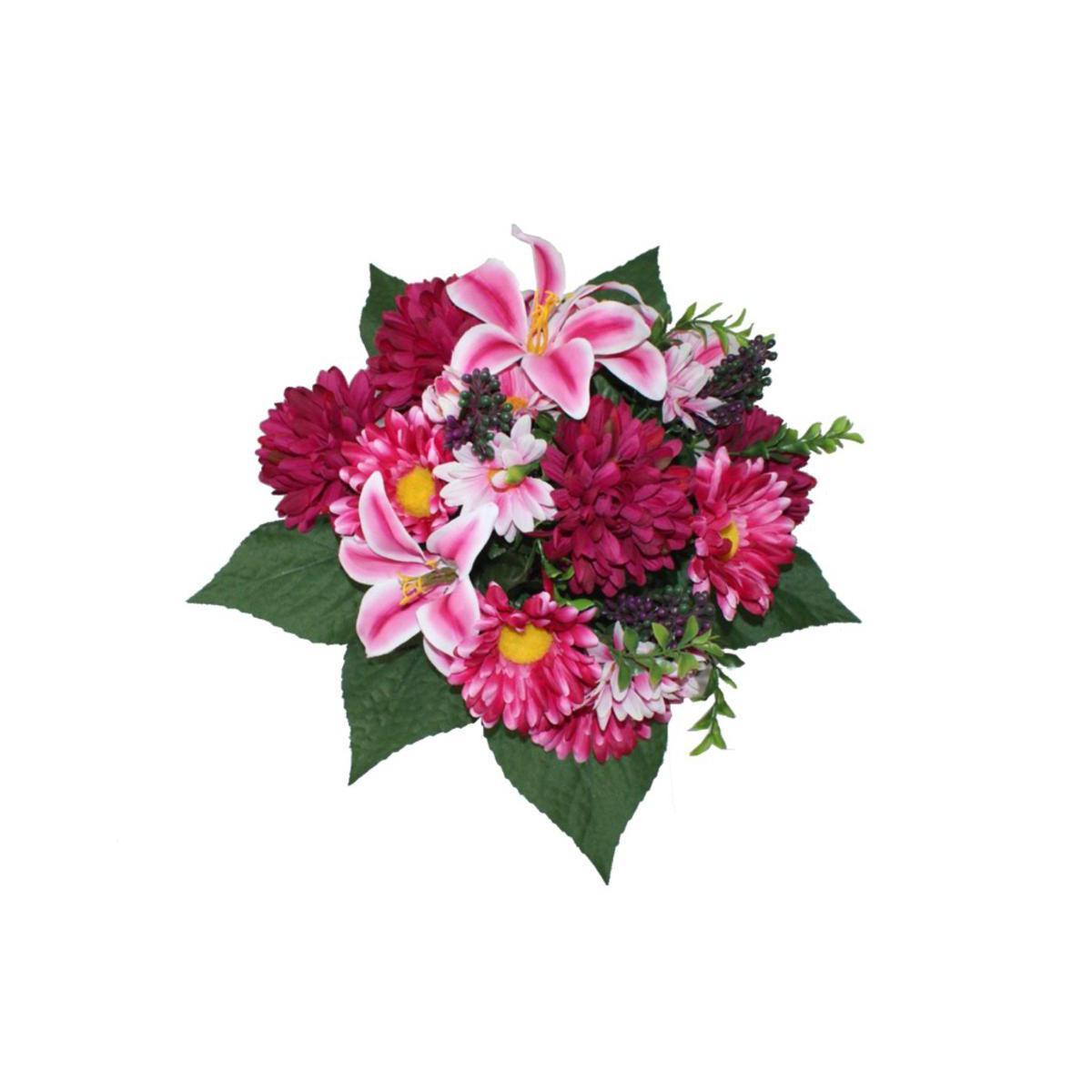 Piquet de 18 gerberas, chrysanthèmes et lys - Polyester - H 35 cm - Rose fuchsia