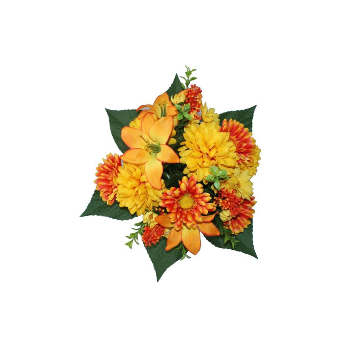 Piquet de 18 gerberas, chrysanthèmes et lys - Polyester - H 35 cm - Orang feu