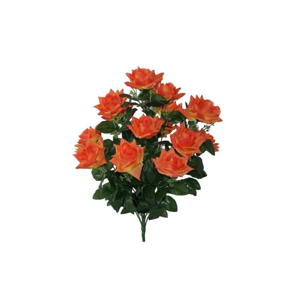 Piquet de 14 roses ouvertes - polyester - H 55 cm - Orange feu