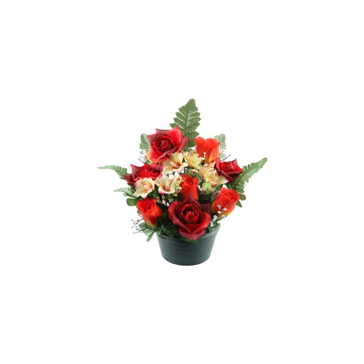 Composition de roses et alstroemerias - Polyester - H 27 cm - Orange ou rouge