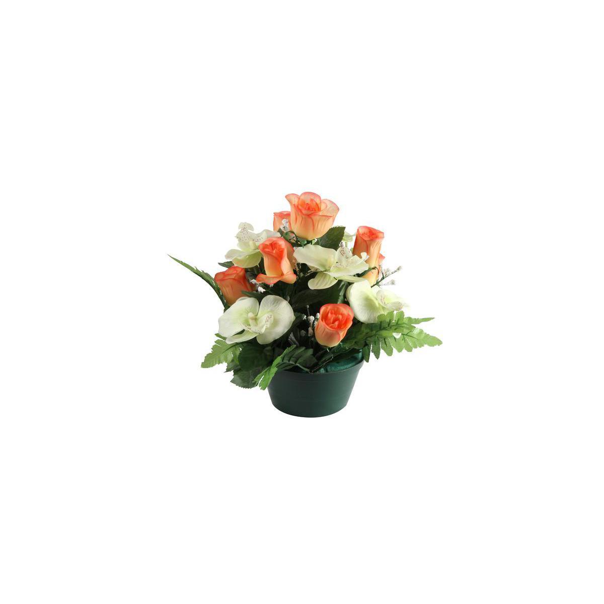 Composition de boutons de roses et orchidées - Polyester - H 30 cm - Rose ou orange