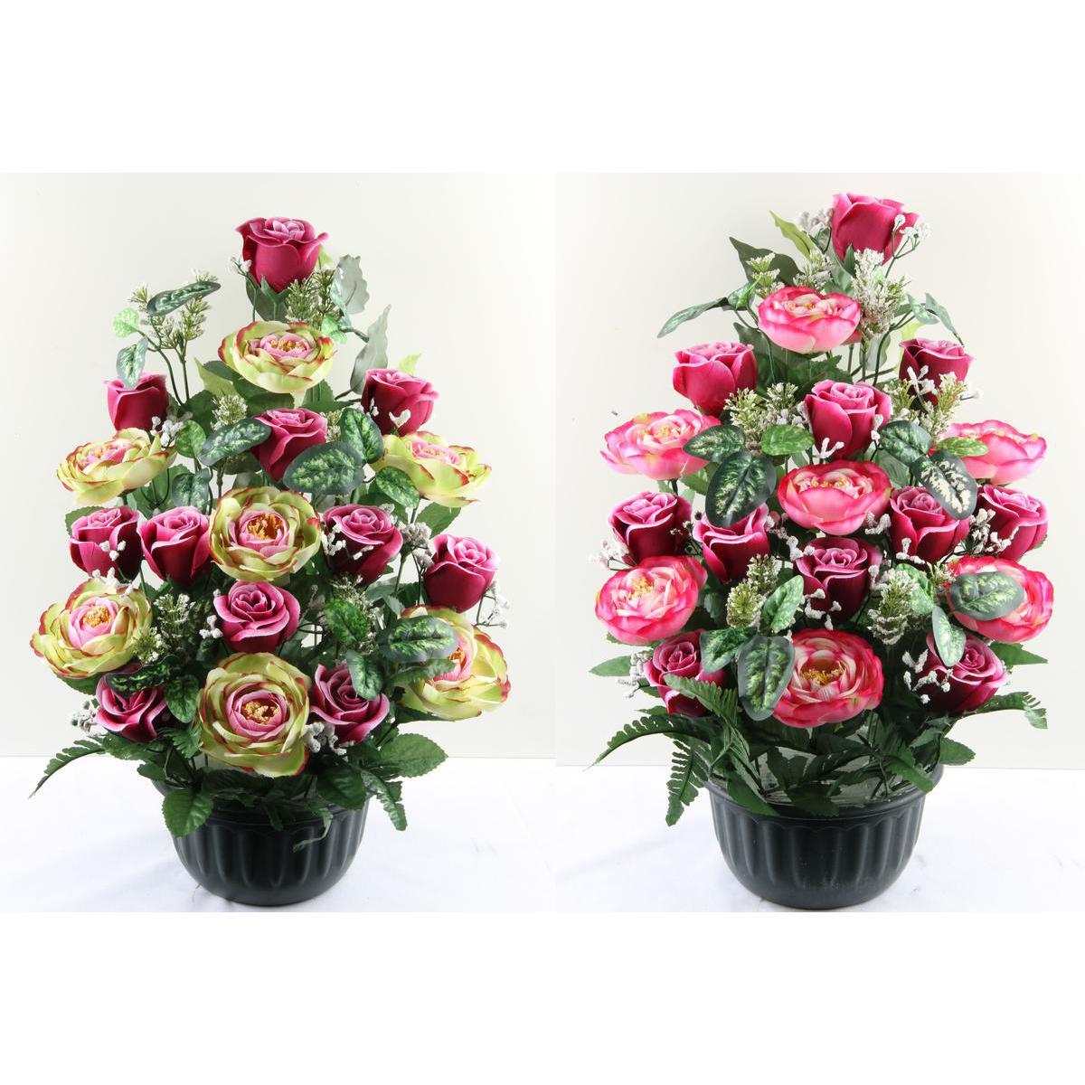 Composition de roses et de renoncules - Polyester - H 46 cm - 2 coloris au choix