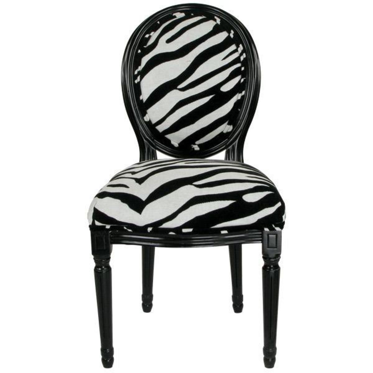 Chaise médaillon zèbre en bois et velours - 50 x 56 x 96 cm - Noir et blanc