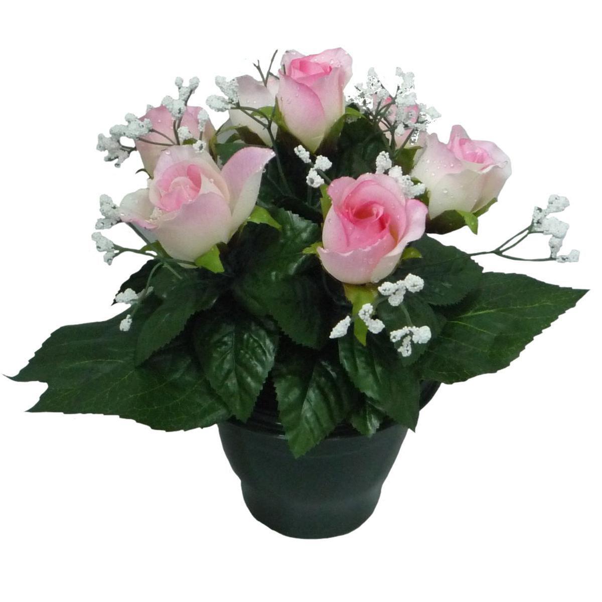 Potée de boutons de roses avec gypsophiles - Plastique et polyester - H 27 cm - 3 coloris au choix