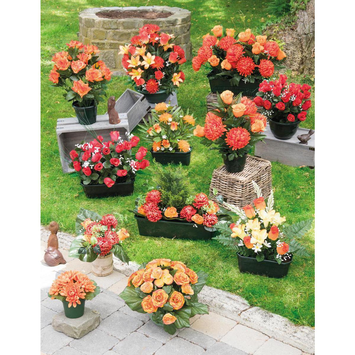 Jardinière de 28 roses et gypsophiles - Polyester - H 40 cm - Orange