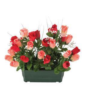 Jardinière de 28 roses et gypsophiles - Polyester - H 40 cm - Rouge et rose