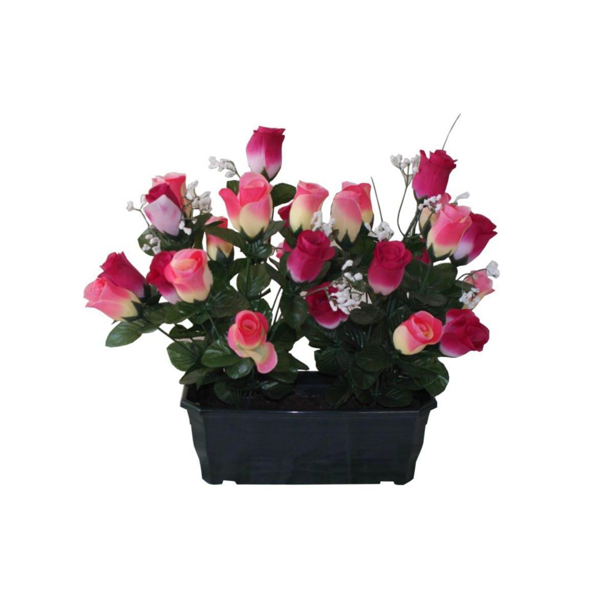 Jardinière de 28 roses et gypsophiles - Polyester - H 40 cm - Rose ou fuchsia