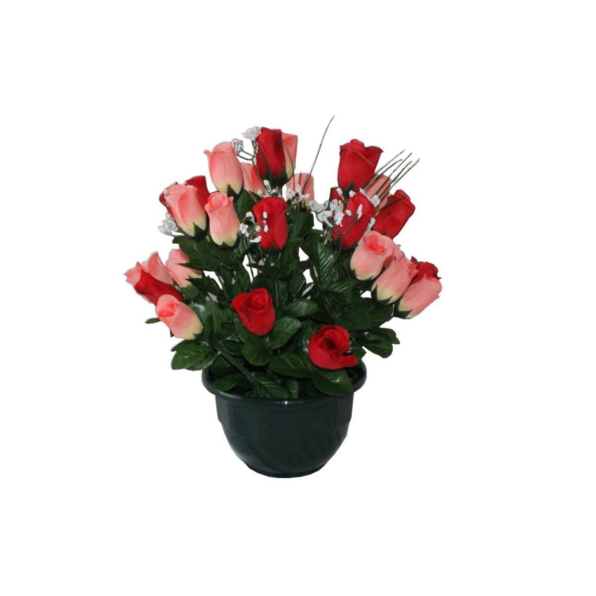 Coupe de 28 roses et gypsophiles - Polyester - H 40 cm - Rouge