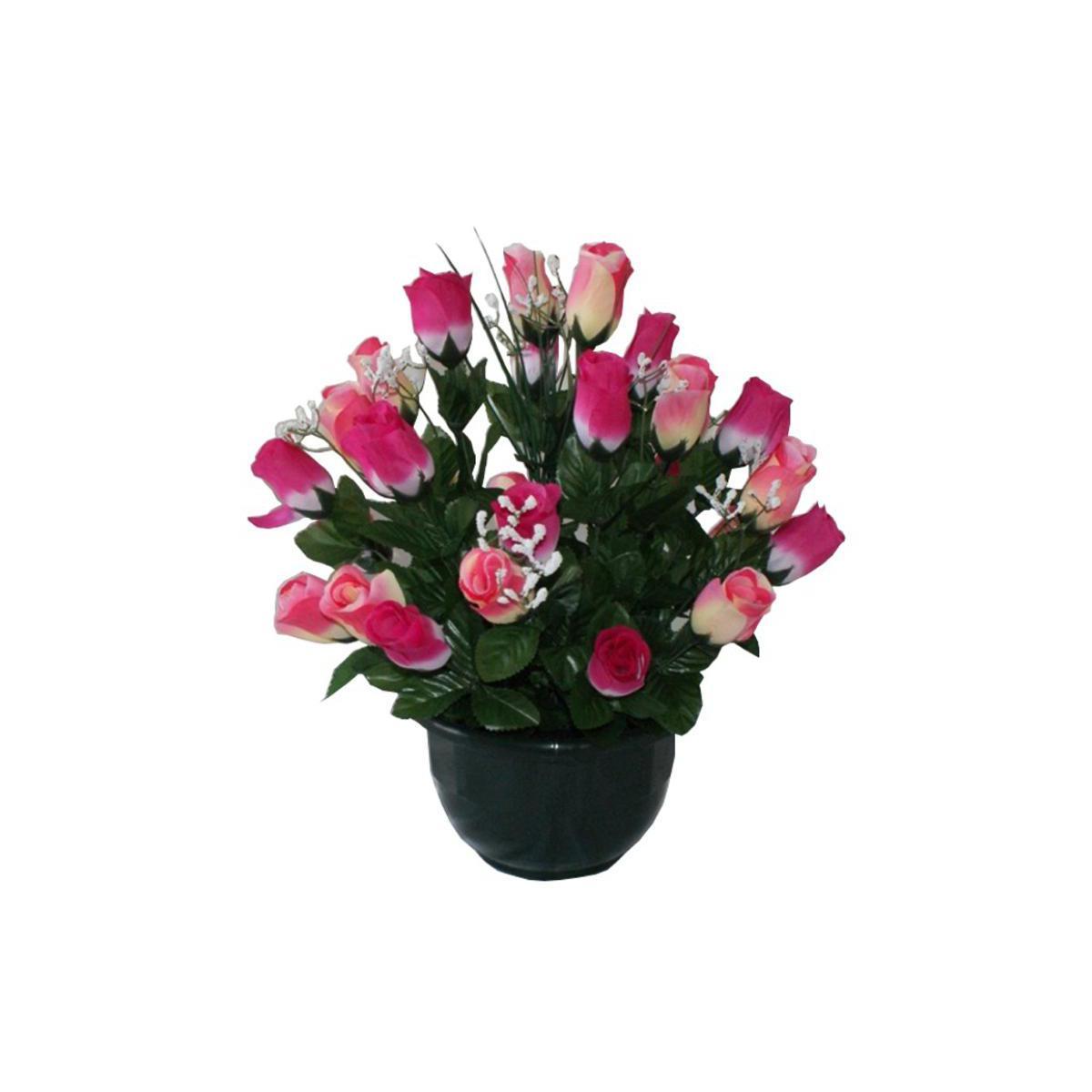 Coupe de 28 roses et gypsophiles - Polyester - H 40 cm - Fuchsia
