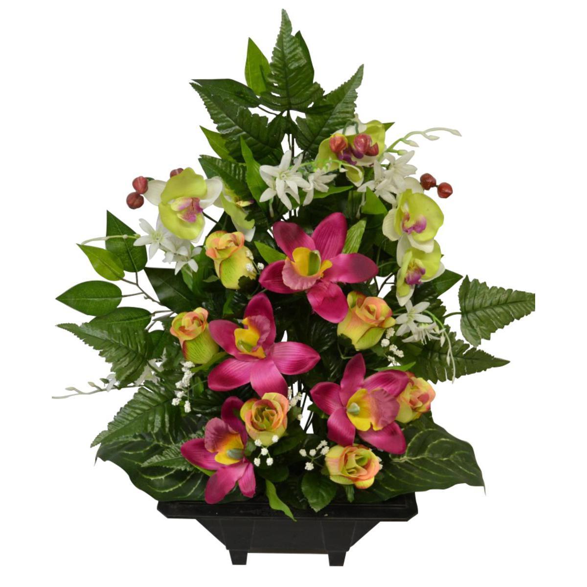 Jardinière de boutons de rose, d'orchidées et de lys - Polyester - H 65 x 30 cm - Différents coloris