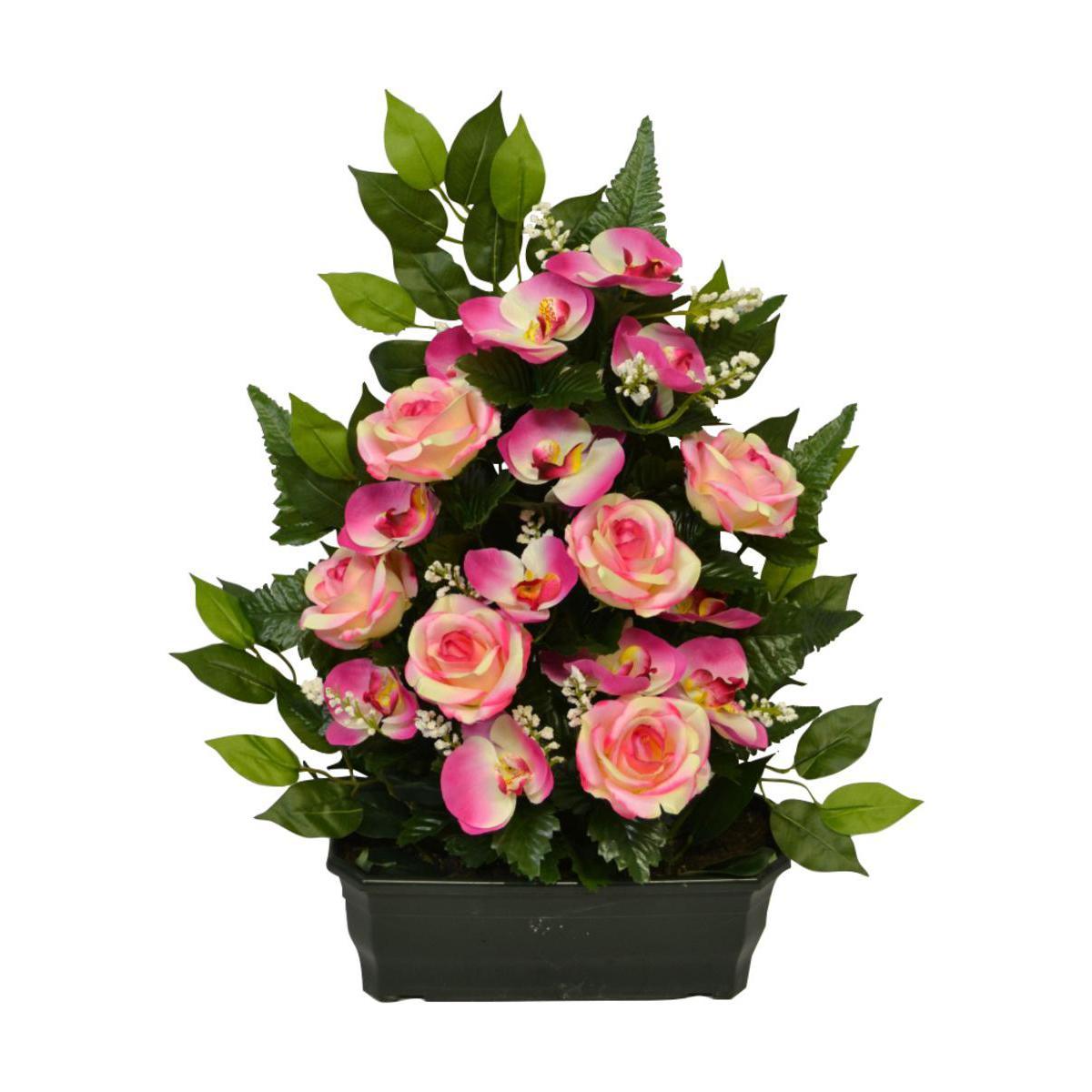 Jardinière de roses, orchidées et gypsophiles - Polyester - H 57 x 30 cm - Différents coloris