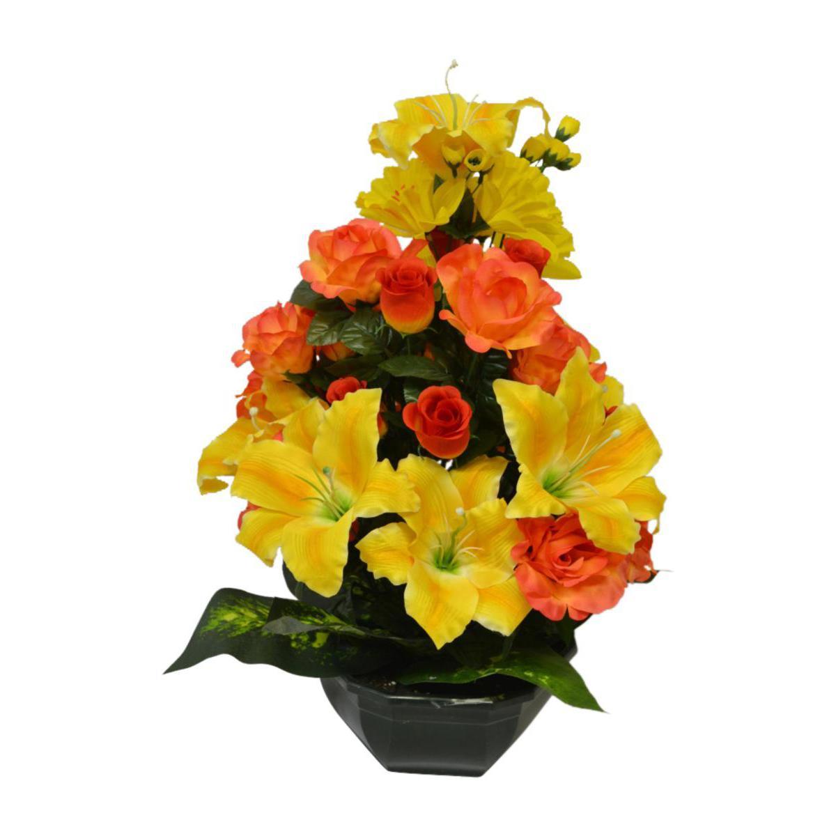 Vasque de roses, boutons de roses, lys et jonquilles - Polyester - H 53 x D 23 cm - Orange et jaune