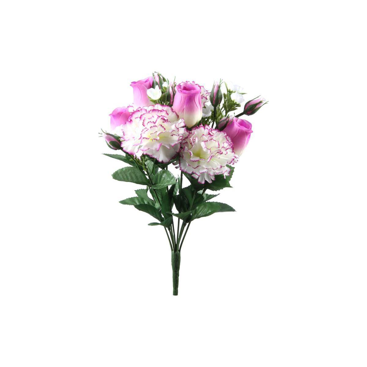 Bouquet de 12 œillets et boutons de roses - Polyester - H 34 cm - Violet ou rose