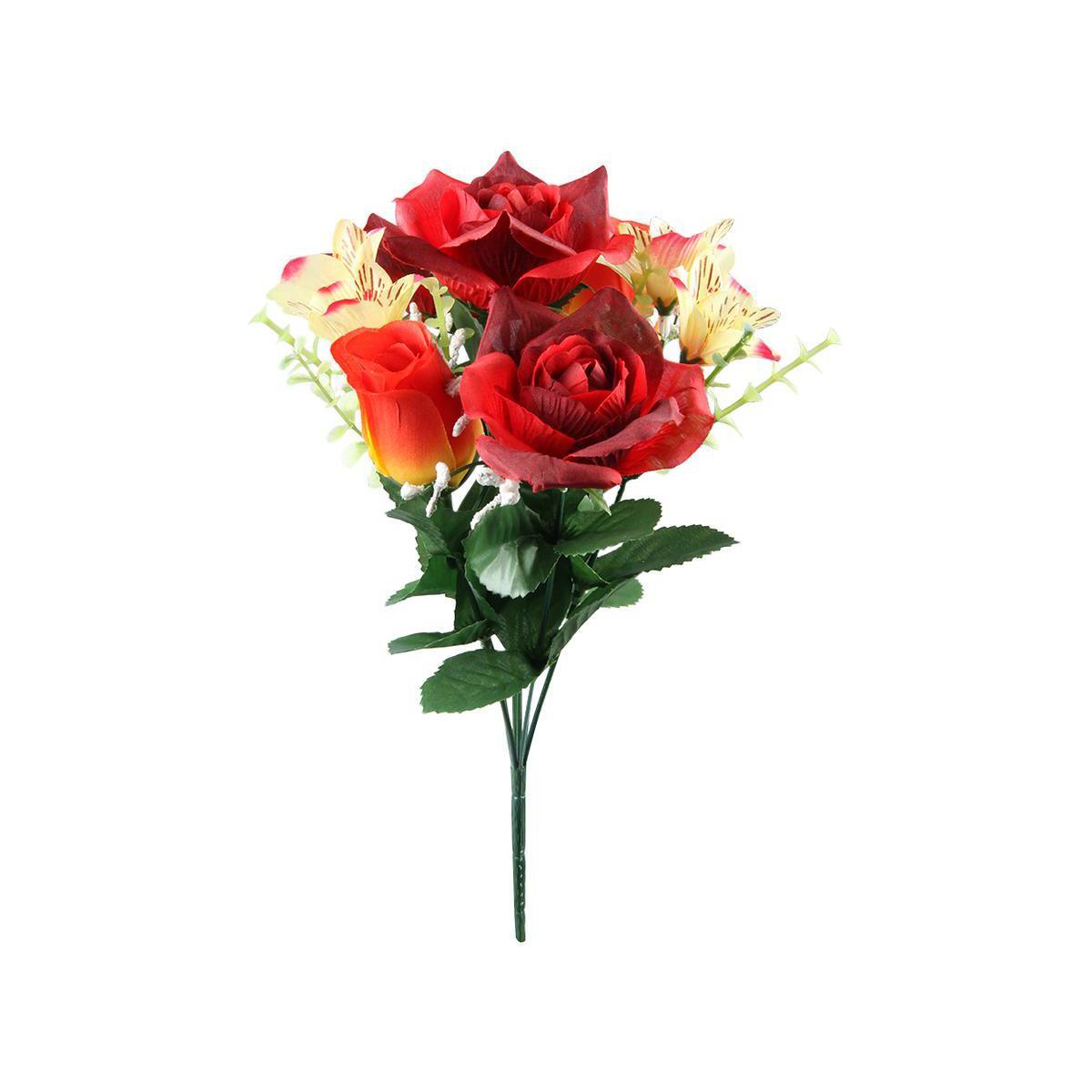 Bouquet de 7 roses, boutons de roses et alstroemerias - Polyester - H 34 cm - Orange ou rouge