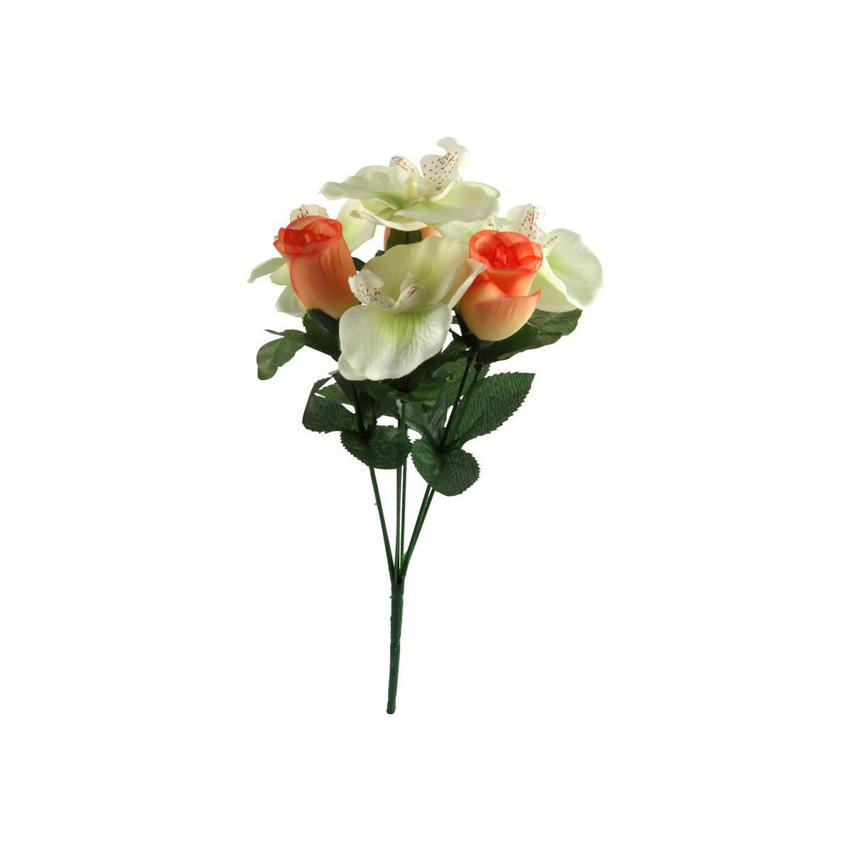 Bouquet de 7 boutons de roses et d'orchidées - Polyester - H 32 cm - Orange ou rose