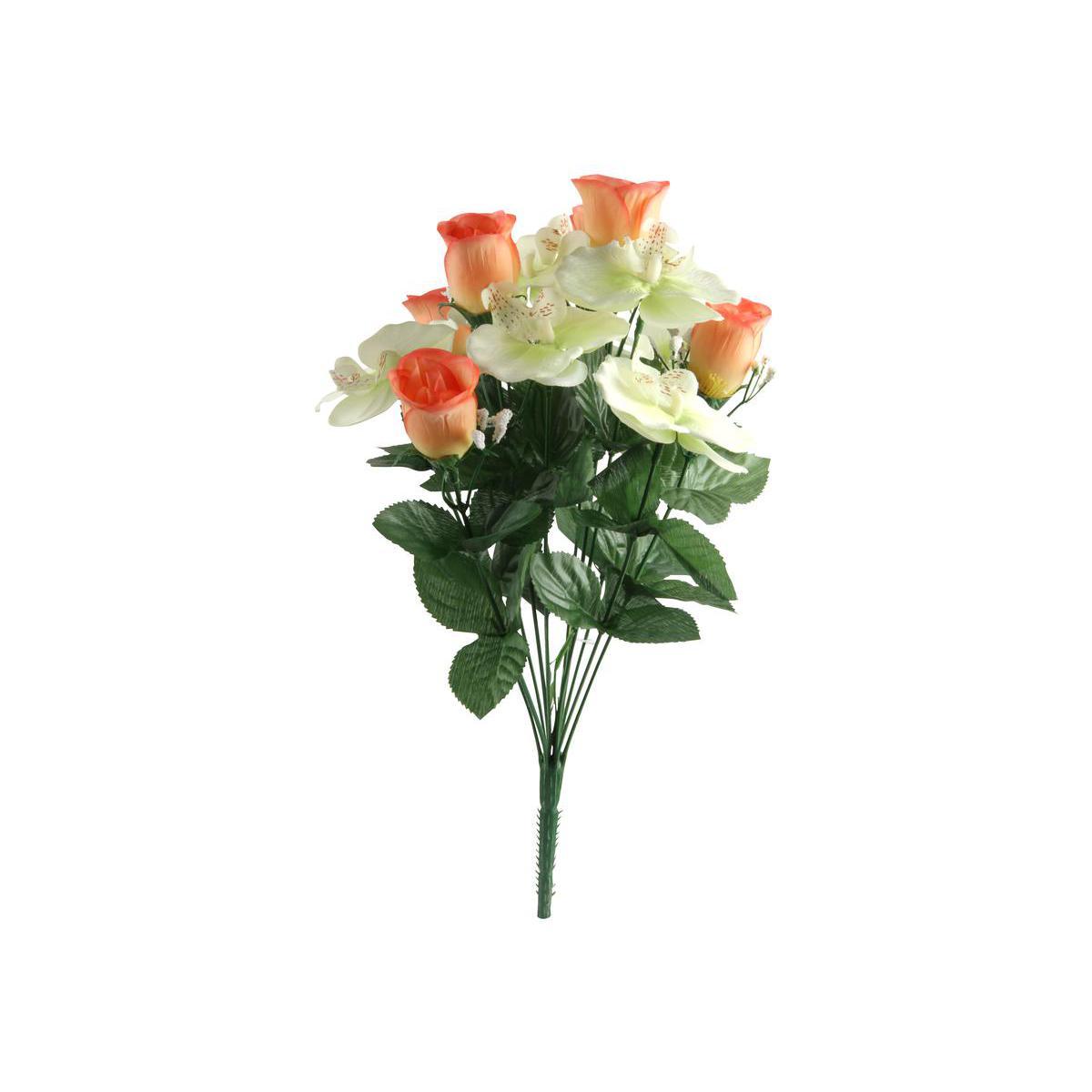 Bouquet de 12 boutons de roses et d'orchidées - Polyester - H 41 cm -Rose ou orange
