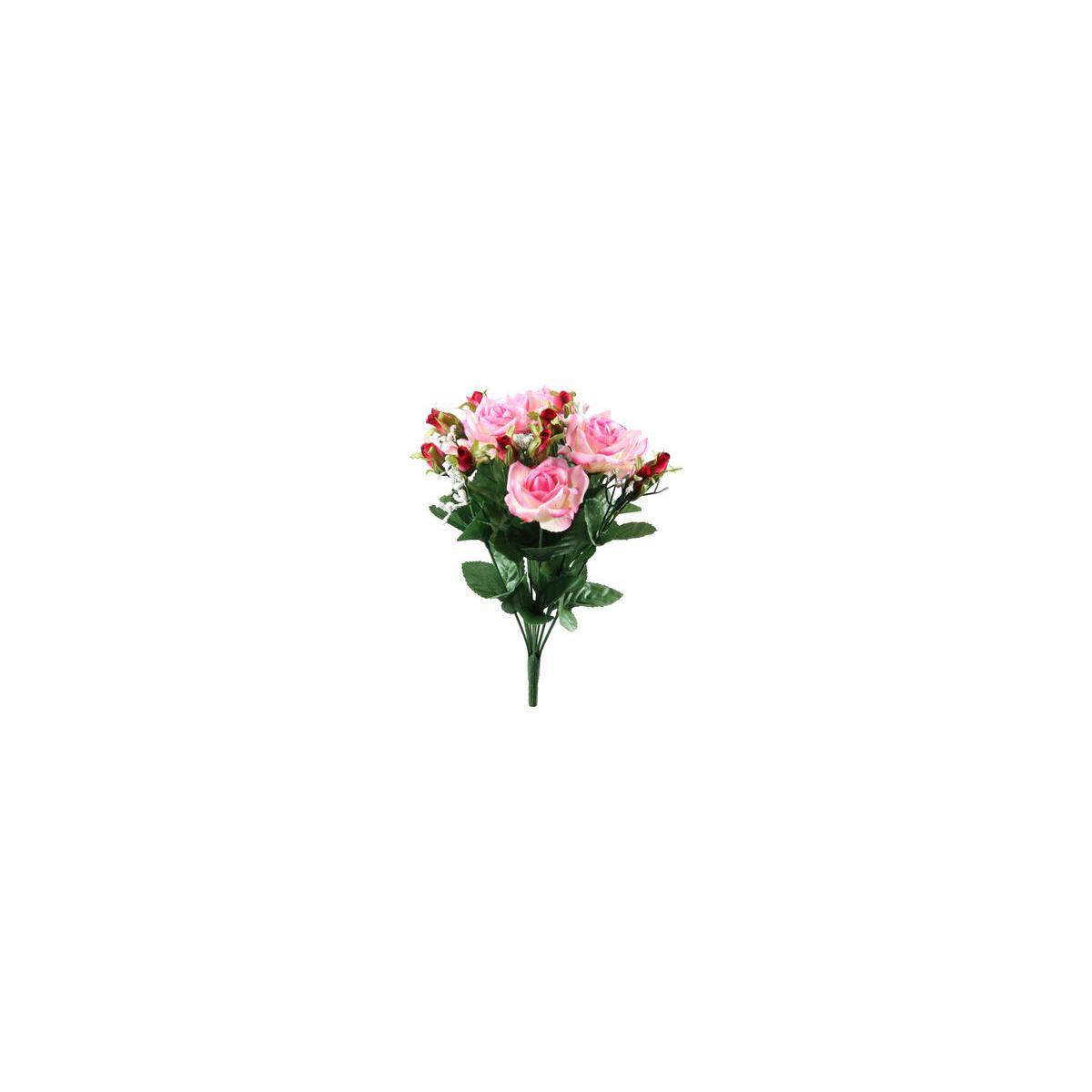 Bouquet de 12 roses et gypsophiles - Polyester - H 35 cm - Rose, rouge, blanc ou jaune
