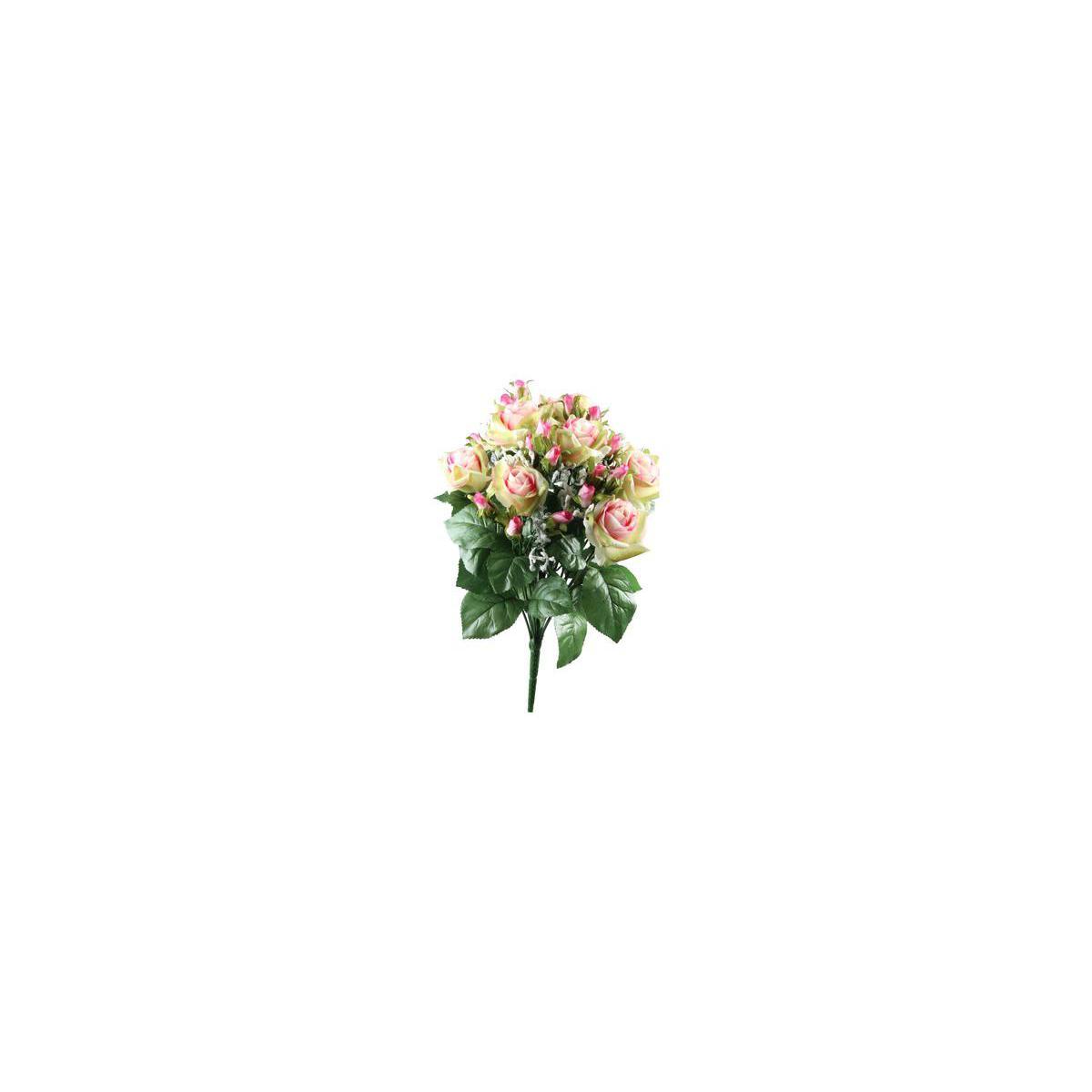 Bouquet de 18 roses et gypsophiles - Polyester - H 40 cm - Blanc, rose, rouge ou jaune,