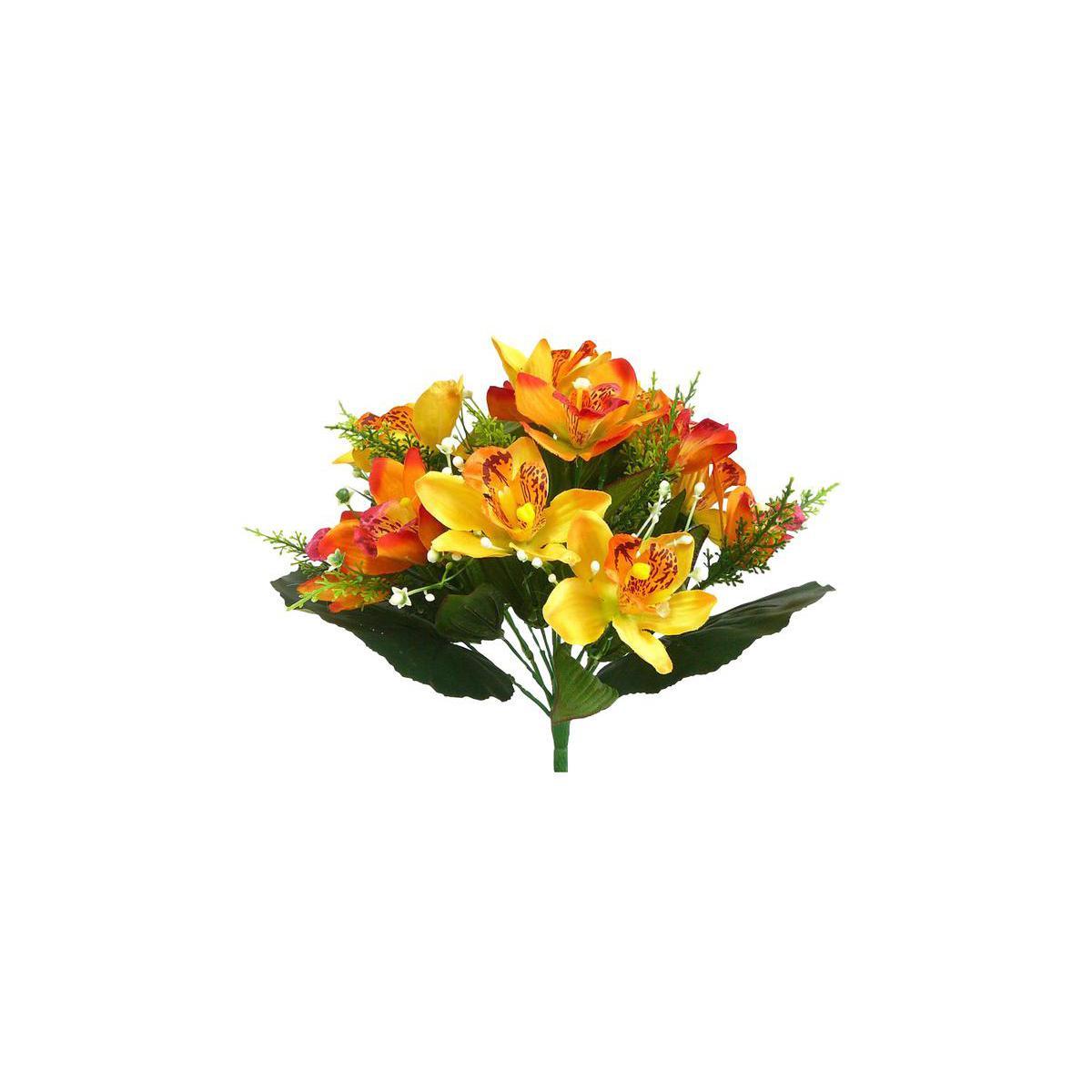 Piquet d'orchidées et feuillage - Polyester - H 33 cm - Différents coloris,