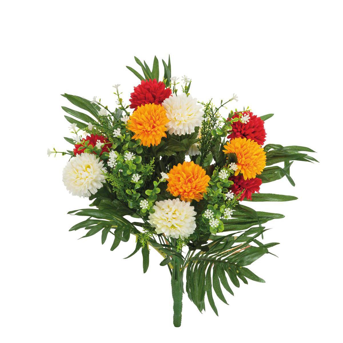 Piquet de 24 Chrysanthèmes boules et feuillage - Polyester - H 48 cm - 3 coloris au choix