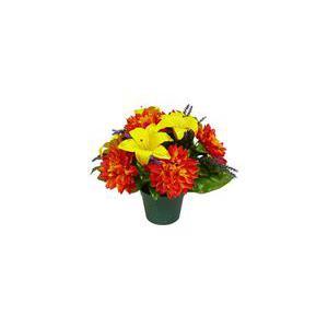 Potée de 12 dahlias, lavande et lys - Polyester - H 35 x D 13 cm - Jaune ou violet