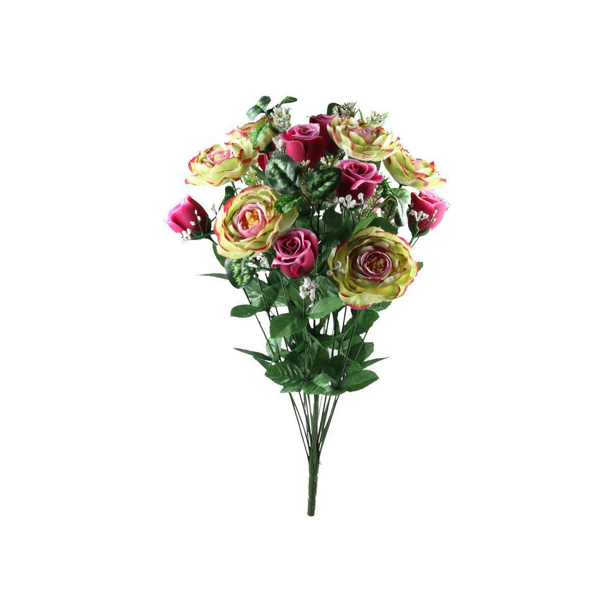Bouquet de 24 roses et renoncules - Polyester - H 60 cm - 2 coloris au choix