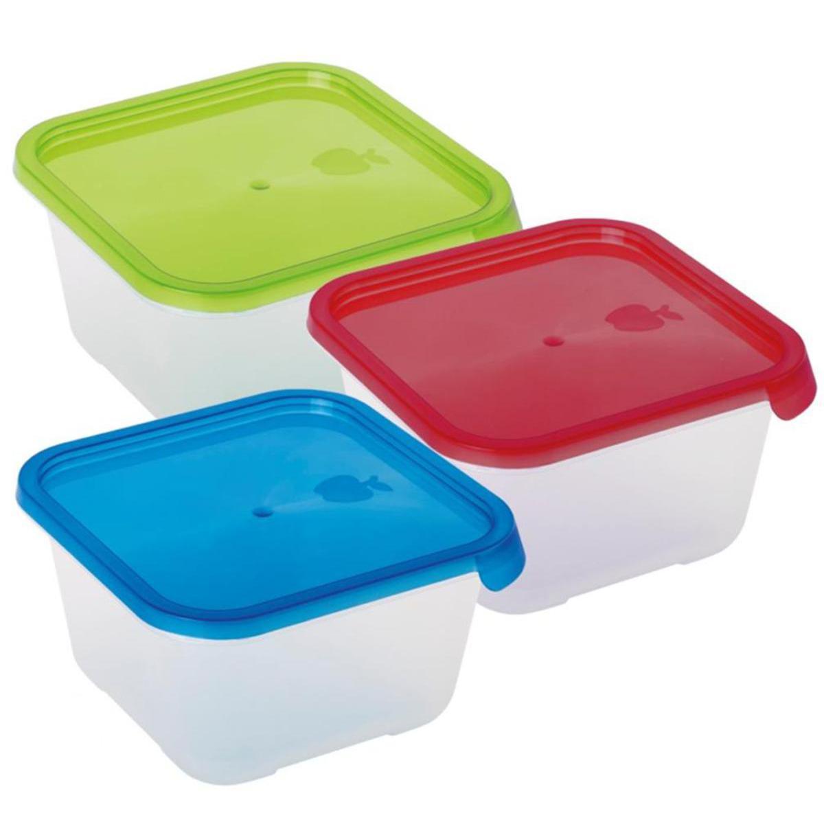 Boite alimentaire carrée - Plastique - 16 x 16 x 9 cm - Vert, bleu, rouge
