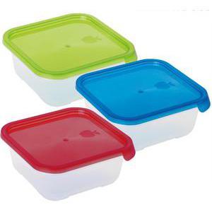 Boite alimentaire carrée - Plastique - 16 x 16 x 5,8 cm - Vert, bleu, rouge