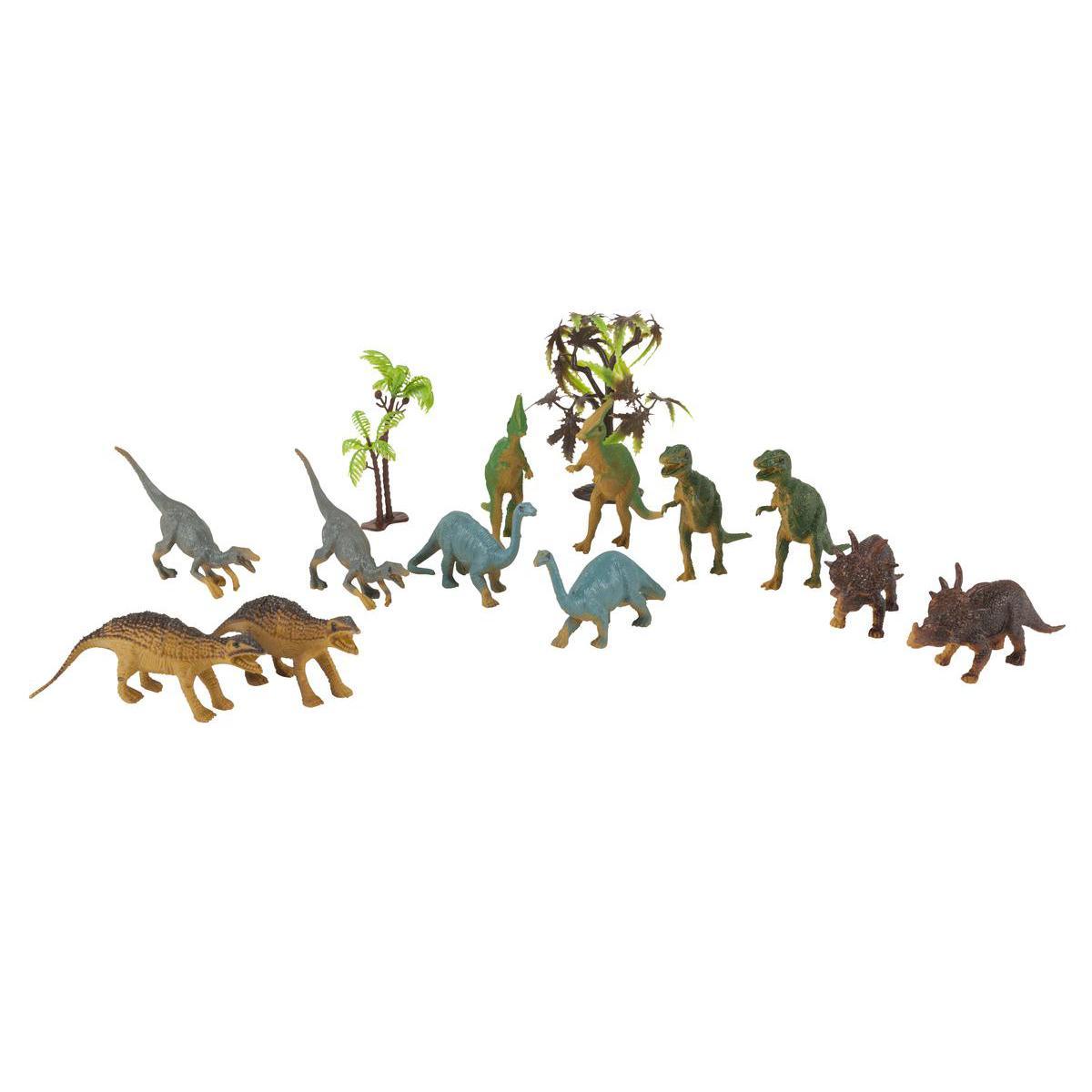 Lot de 12 dinosaures + 2 arbres - Plastique - De 9 à 12 cm - Multicolore