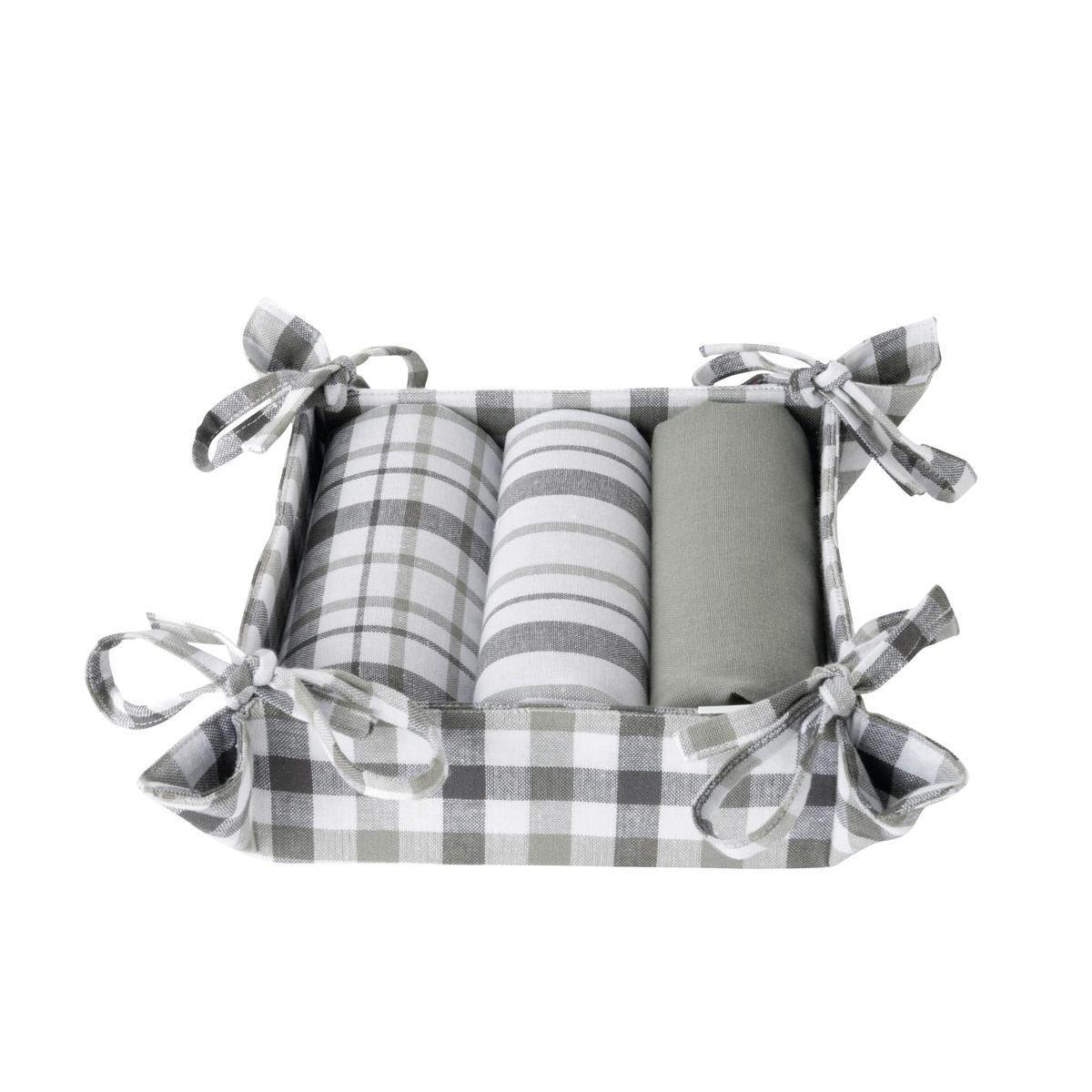 3 torchons + corbeille - Coton - 50 x 70 cm - Blanc, gris et noir