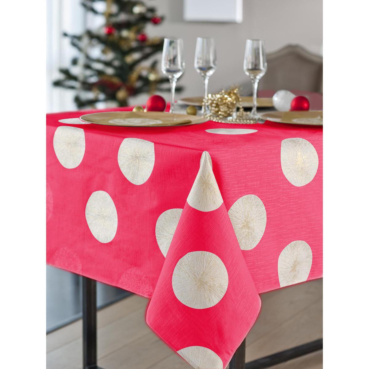 Nappe motifs ronds - Polyester et lurex - 150 x 250 cm - Rouge et blanc