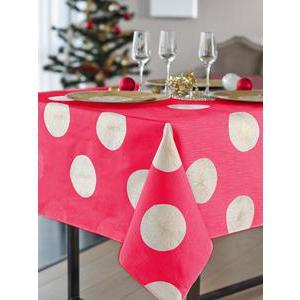 Nappe motifs ronds - Polyester et lurex - 150 x 250 cm - Rouge et blanc