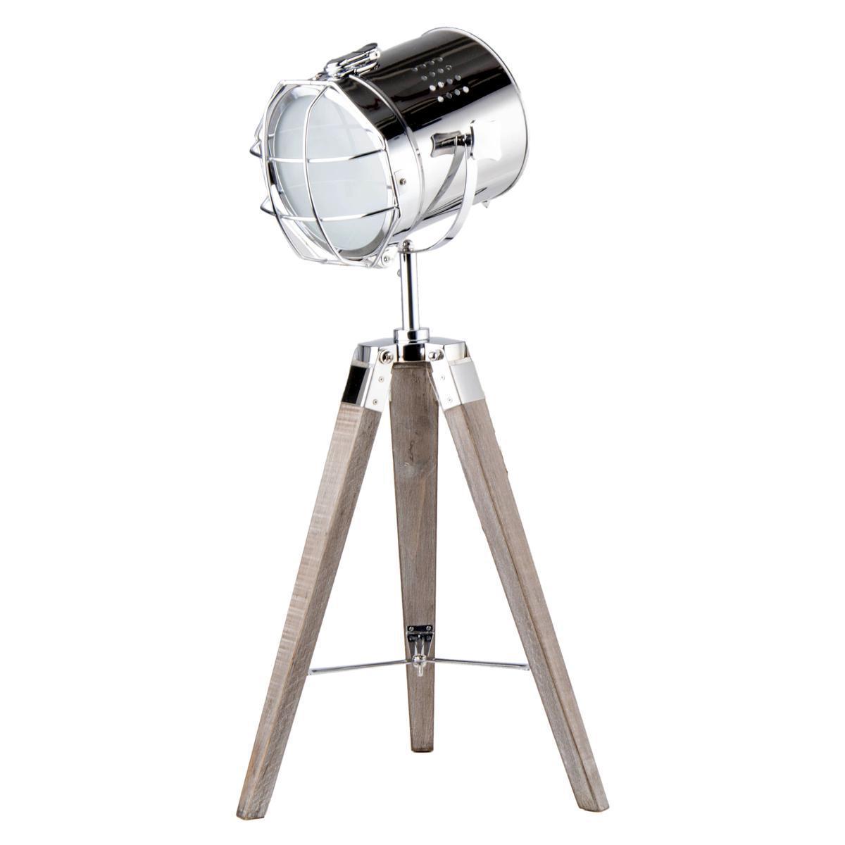 Lampe à poser projecteur - Pin et acier - 30 x 30 x H 67 cm - Marron et gris