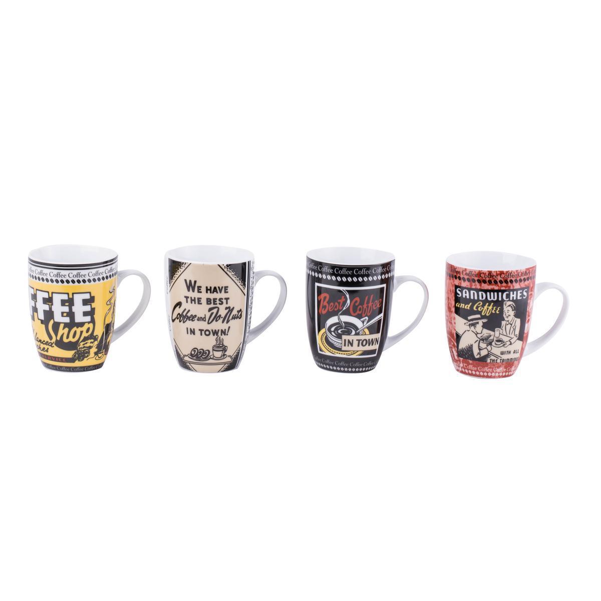 4 mugs décor vintage - Grès - Ø 8,3 x H 10,4 cm - Multicolore