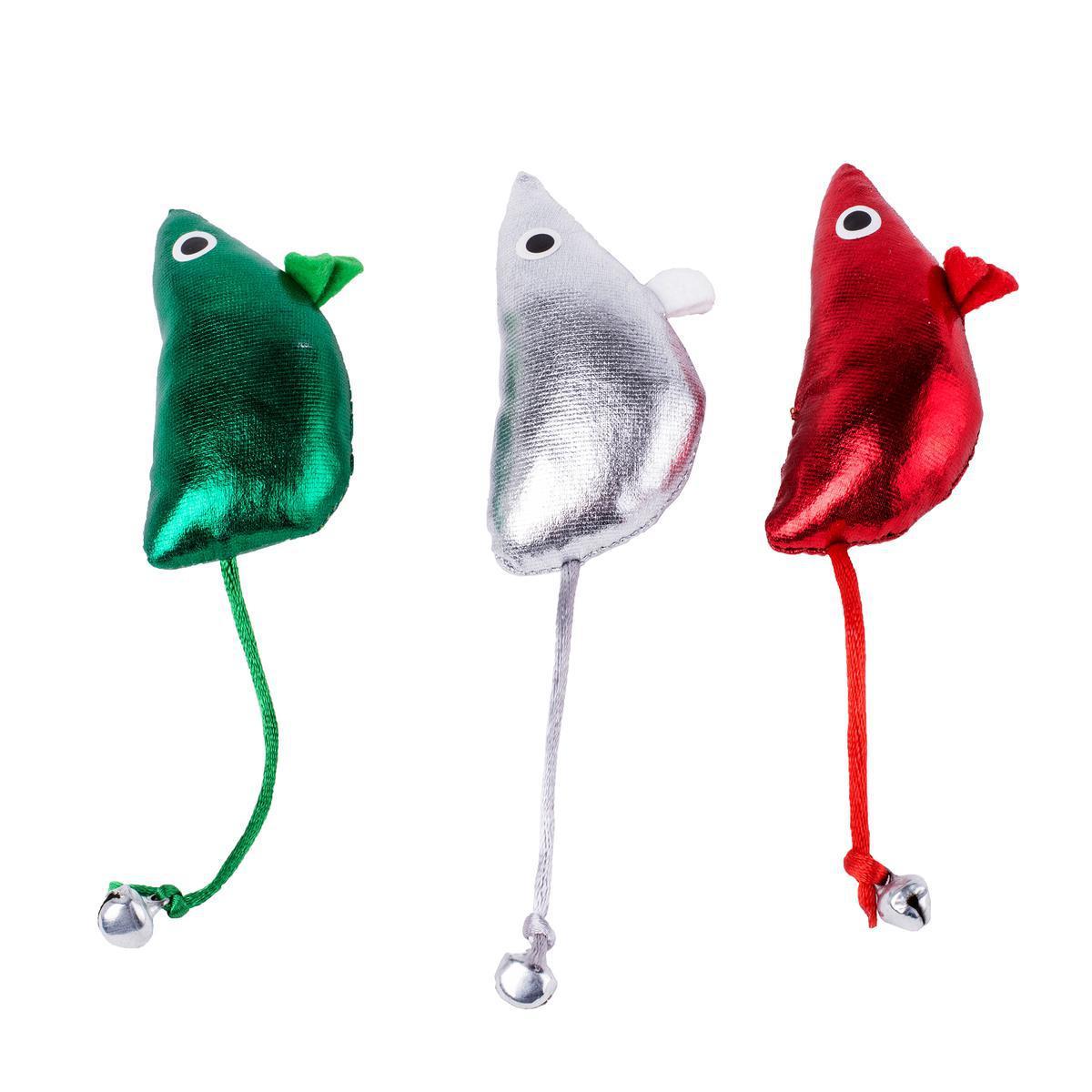 3 jouets pour chat Noël - Plastique - 14 x 3,5 x H 2,5 cm - 9 x 9 x 4,5 cm - Vert, blanc et rouge