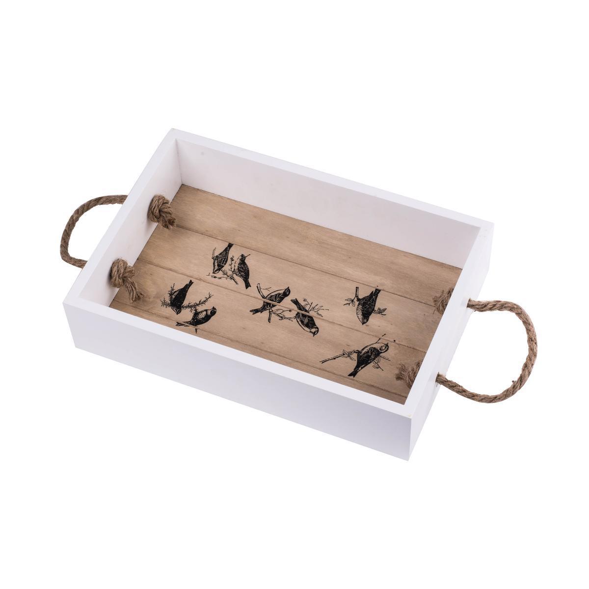 Plateau motifs oiseaux - Bois - 35 x 25 x H 6,5 cm - Blanc