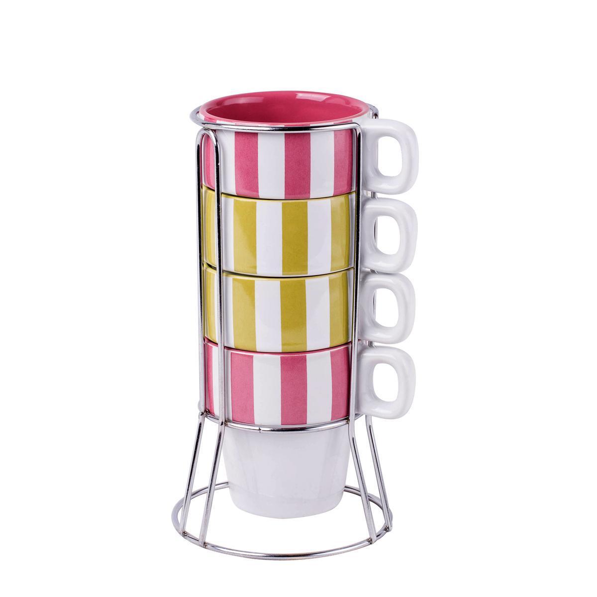 4 tasses et leur support - Grès - Ø 11 x H 22 cm - Blanc, vert et rose