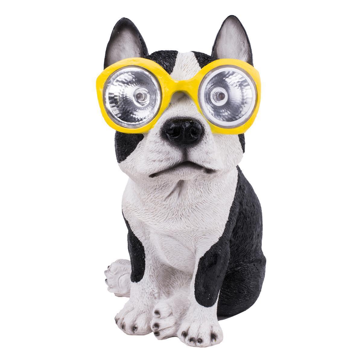 Borne solaire à LED chien à lunettes - Polyrésine - H 20 cm - Différents modèles